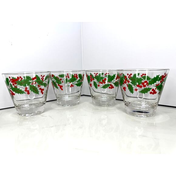 Vintage Holly Berry Design Old Fashion Rocks Glass Set of 4 Holidays Winter 9 Oz - Picture 2 of 6